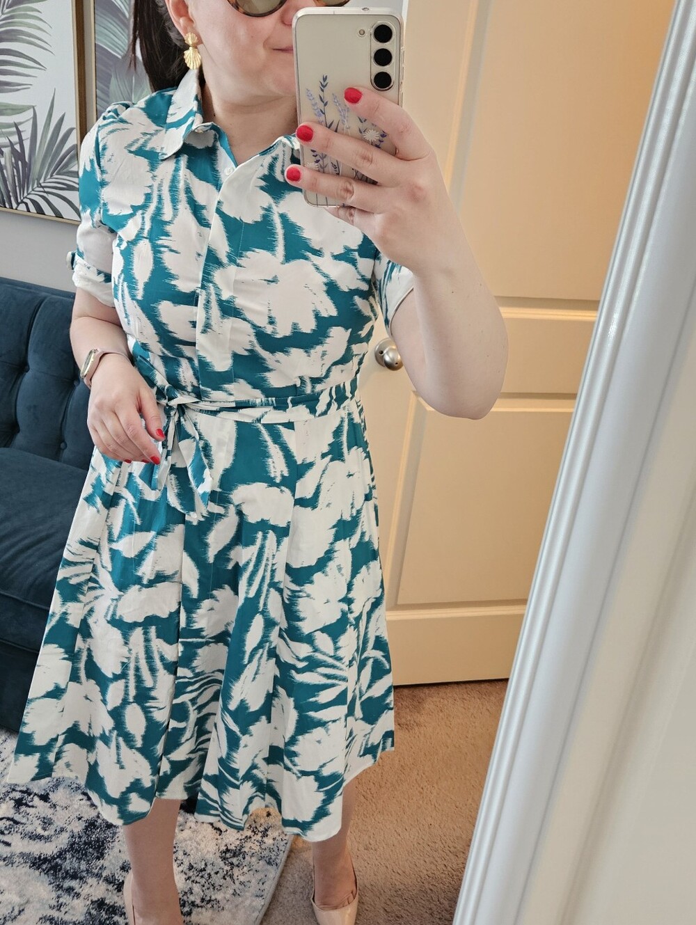 Calvin Klein, Teal and White Printed Shirt Dress with Tie Waist, Size 8, NwoT